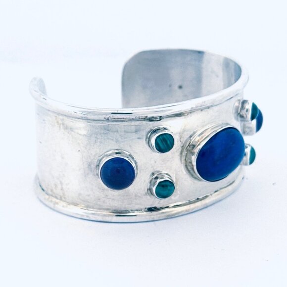 Vintage Estate Sterling Silver 925 Wide Cuff Bracelet w/ Lapis & Malachite 41g - Picture 2 of 13
